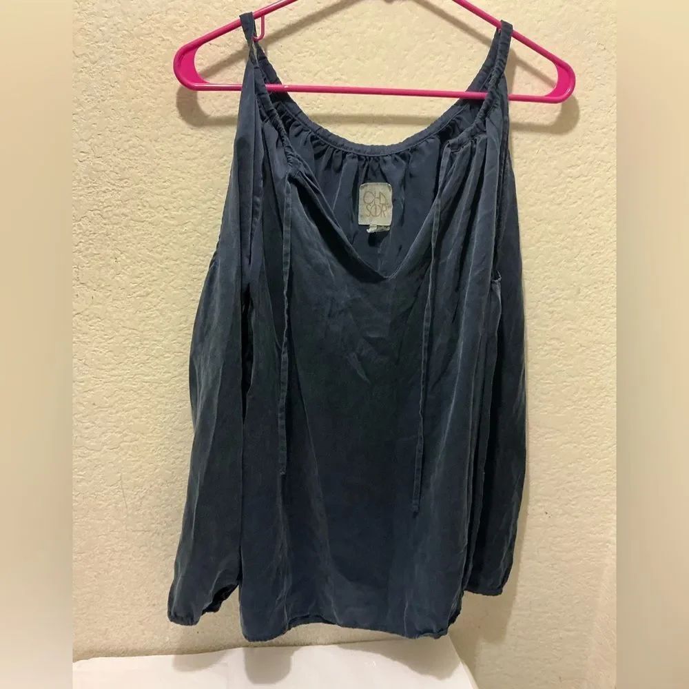 CHASER Women's Charcoal Gray blue Burnout cut out blouse size M